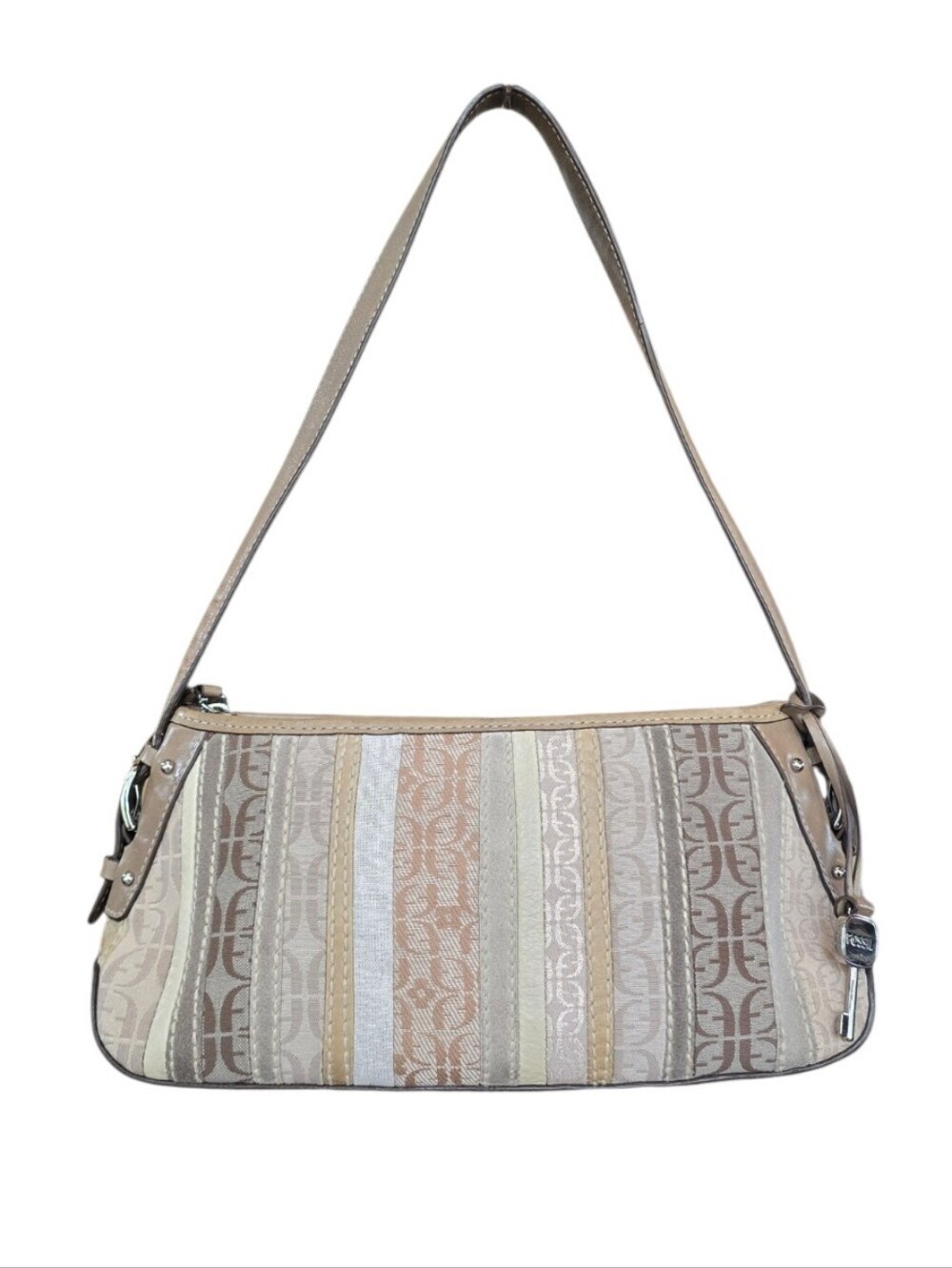 Fossil Tan Brown Striped Patchwork Fabric Baguette Shoulder Bag
